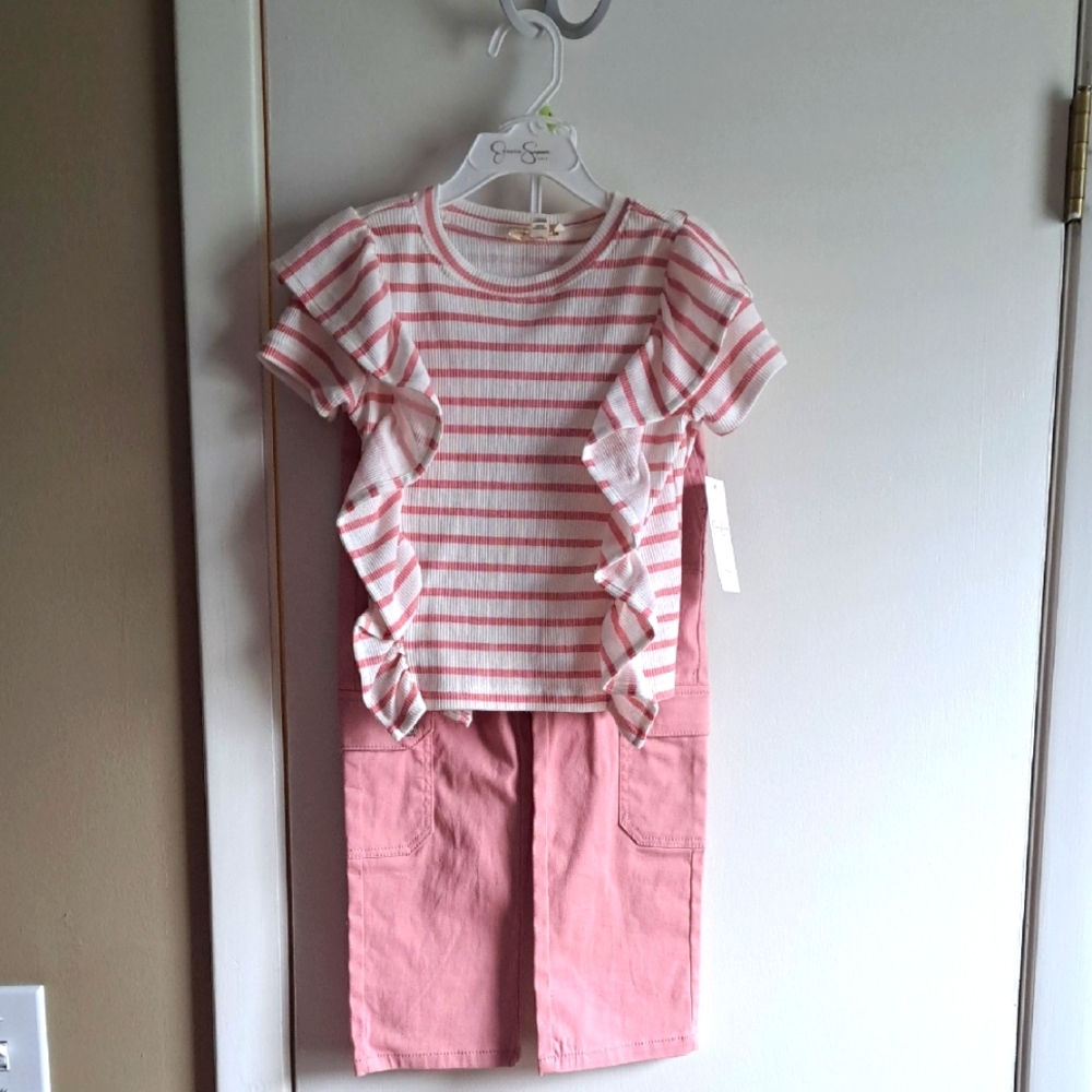 Jessica Simpson Pink and White Striped Ruffle Top with Pink Cargo Pants
